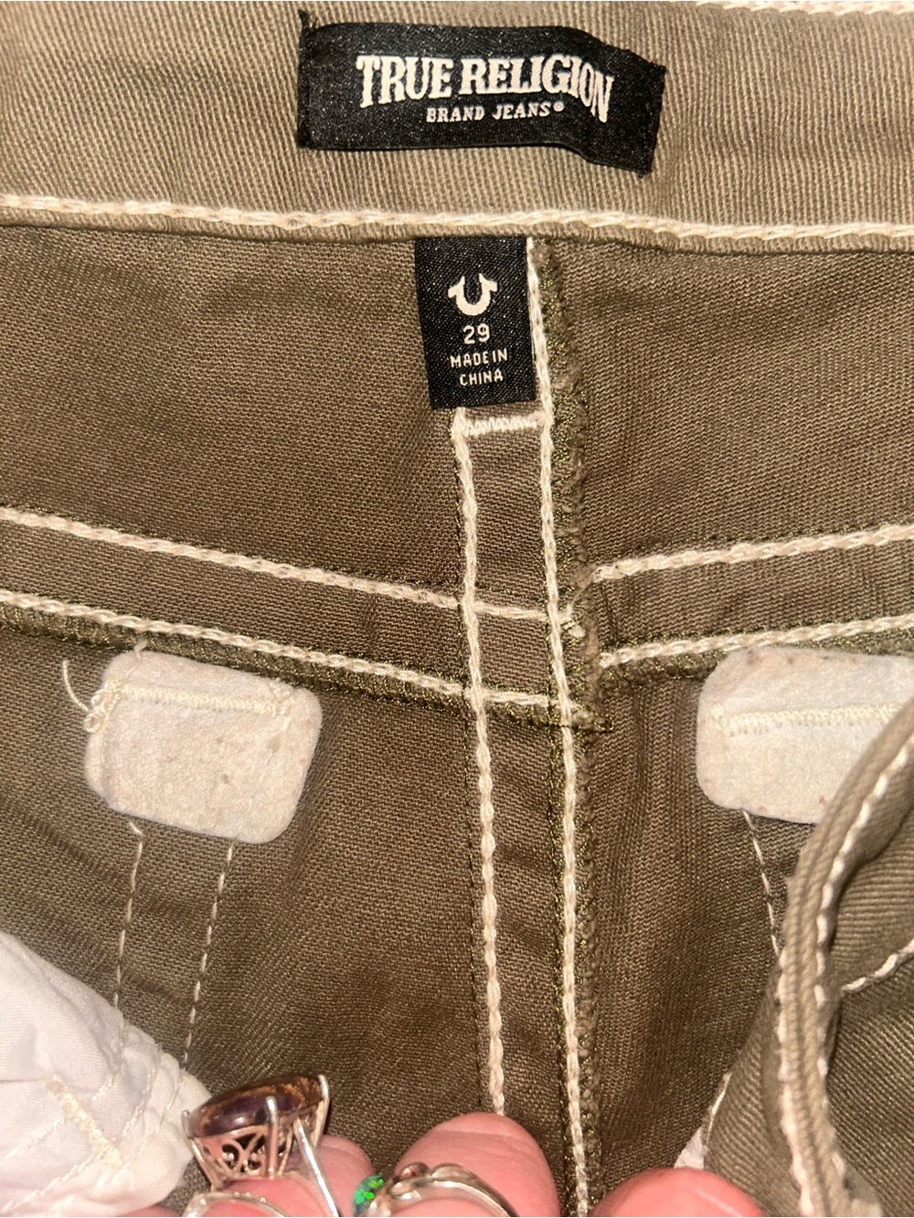 True Religion Olive Green Cargo Pants with White Stitching - Picture 4 of 5